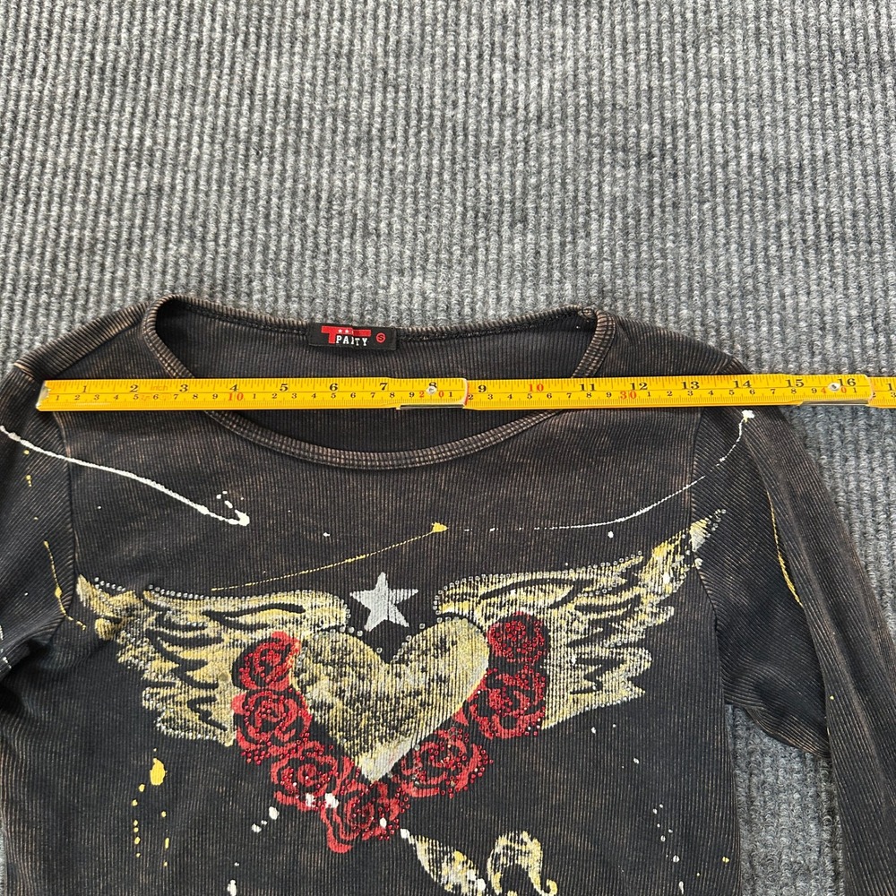 T Party Womens Graphic Thermal Shirt Small Black Acid Wash Winged Heart Roses - Picture 4 of 8